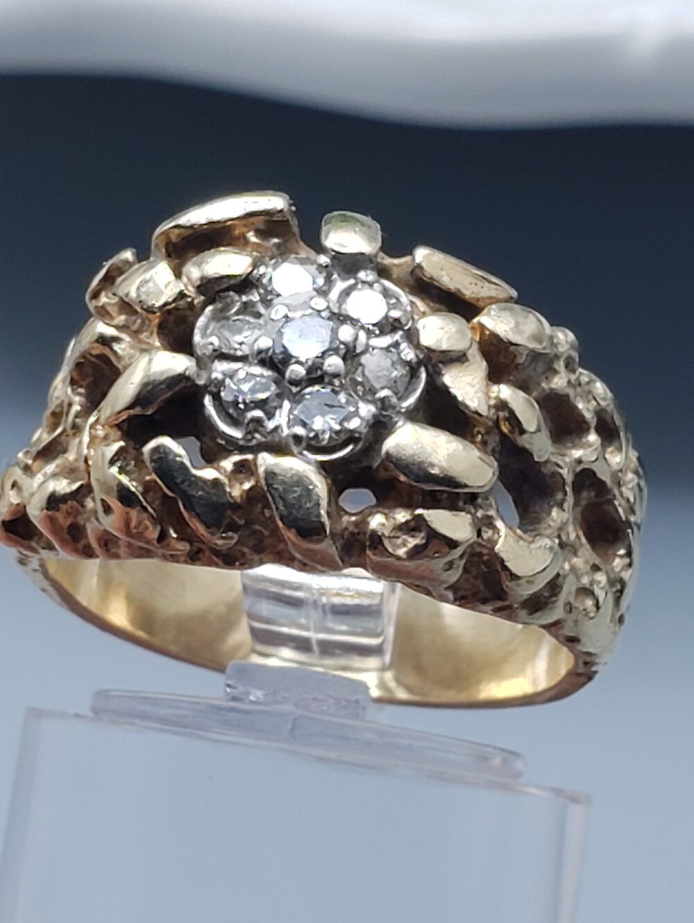 10k Gold Mens Nugget Ring w/ 7 Diamonds Cluster Vintage Neo Classic Luxury 6